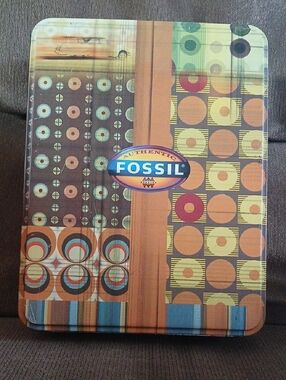 Fossil Retro Geometric Tablet Tin in Orange, Blue, Brown & Cream With Lid 6x5x2